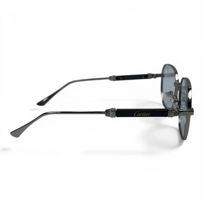 The Aurel geometric sunglasses in black and silver with light blue lenses, side profile view