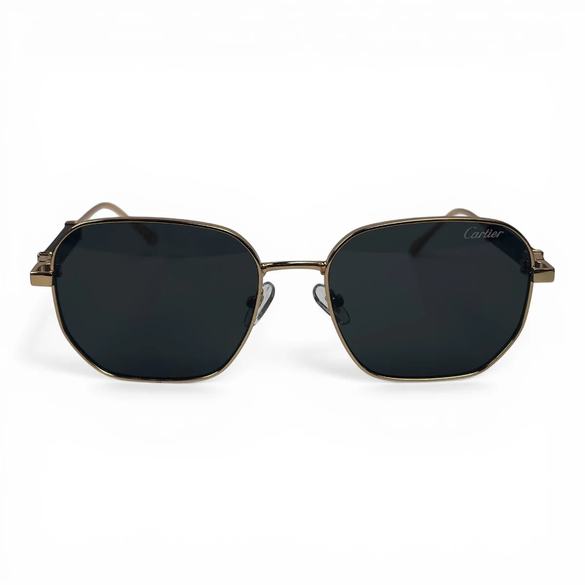 The Aurel geometric sunglasses in gold and brown with dark gray lenses, front view