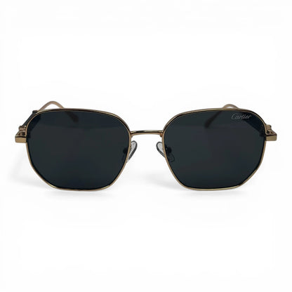 The Aurel geometric sunglasses in gold and brown with dark gray lenses, front view