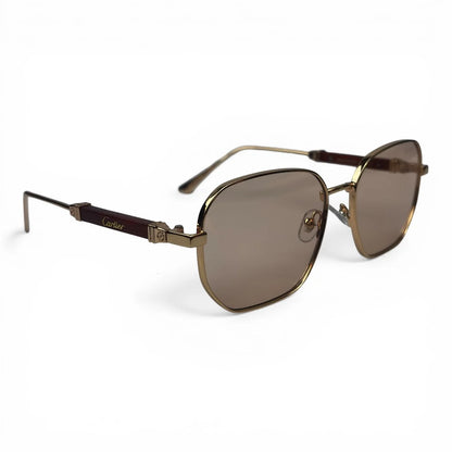 The Aurel geometric sunglasses in gold and brown with taupe lenses, angled view