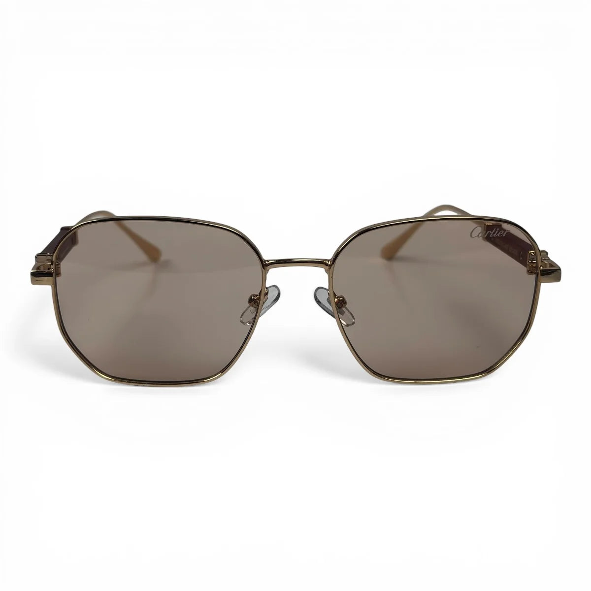 The Aurel geometric sunglasses in gold and brown with taupe lenses, front view