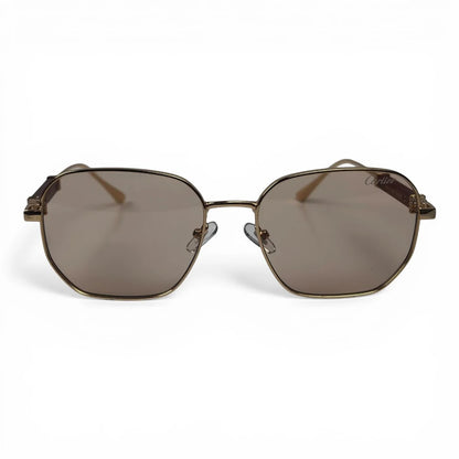 The Aurel geometric sunglasses in gold and brown with taupe lenses, front view