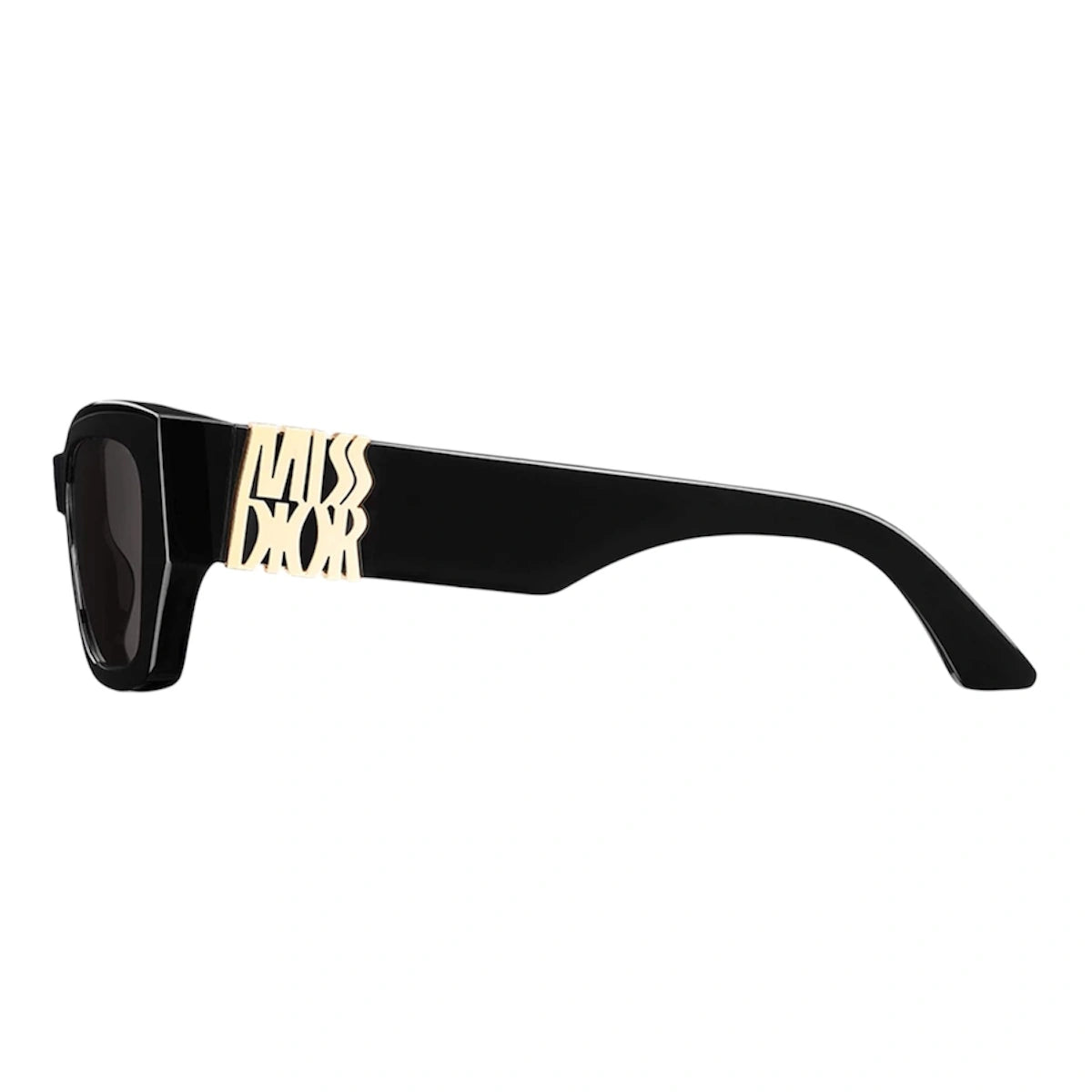 Black sunglasses with gold logo on a white background