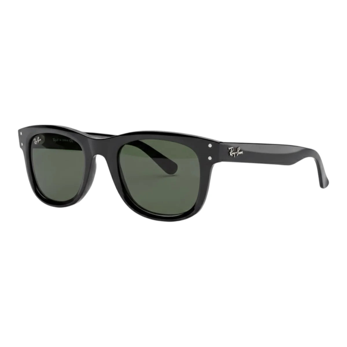 Black sunglasses with green lenses on a white background