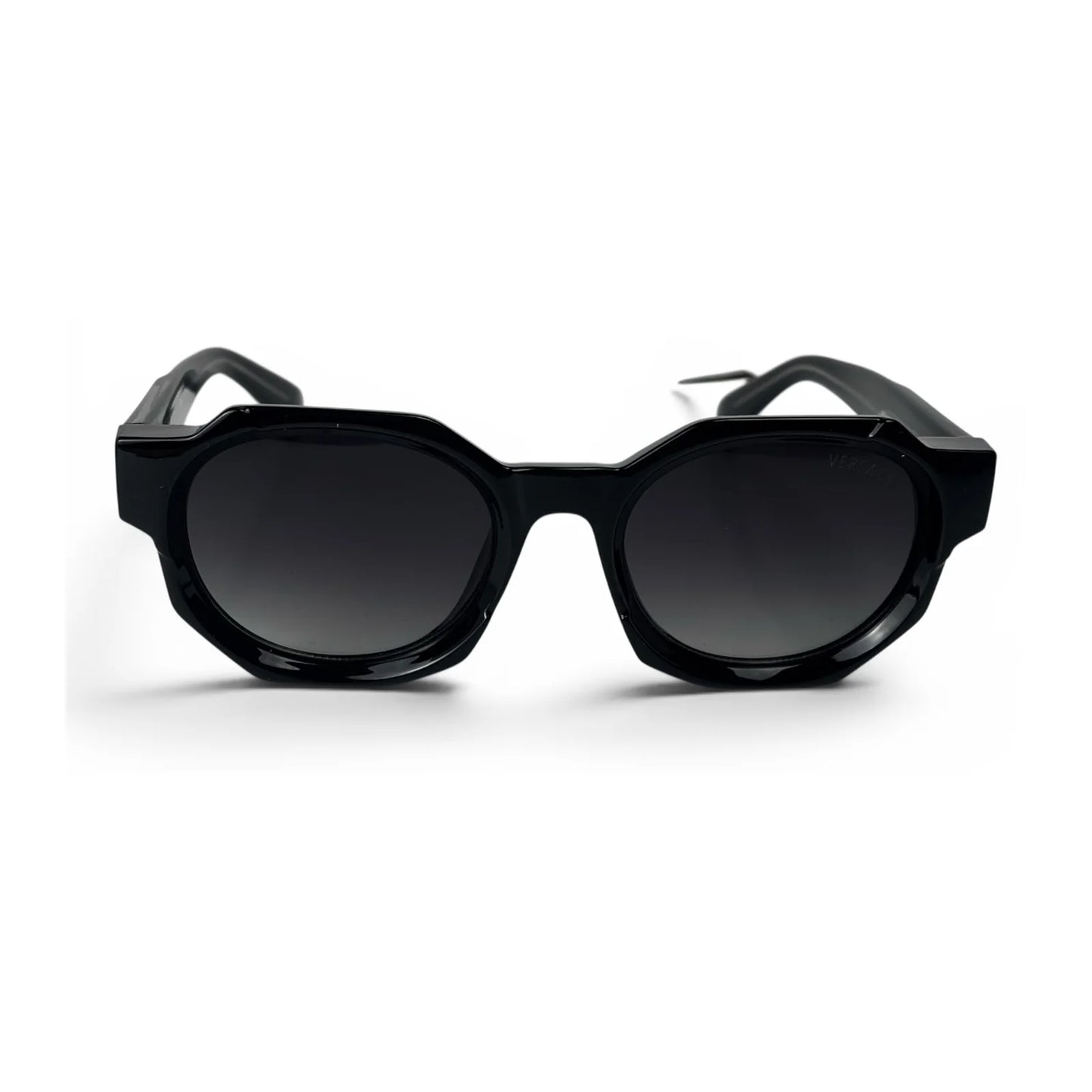 Black chunky octagon sunglasses with dark gradient lenses, front view