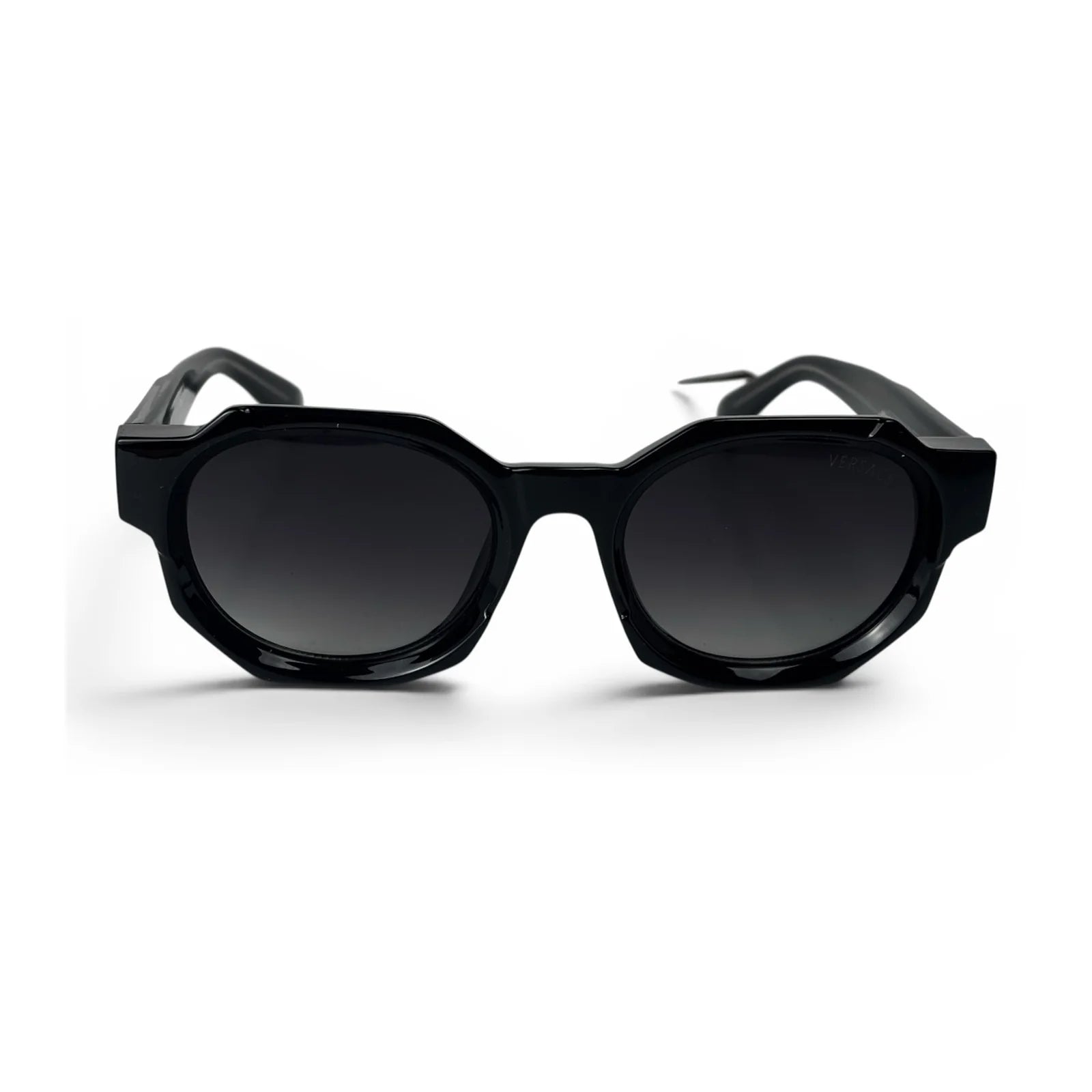 Black chunky octagon sunglasses with dark gradient lenses, front view