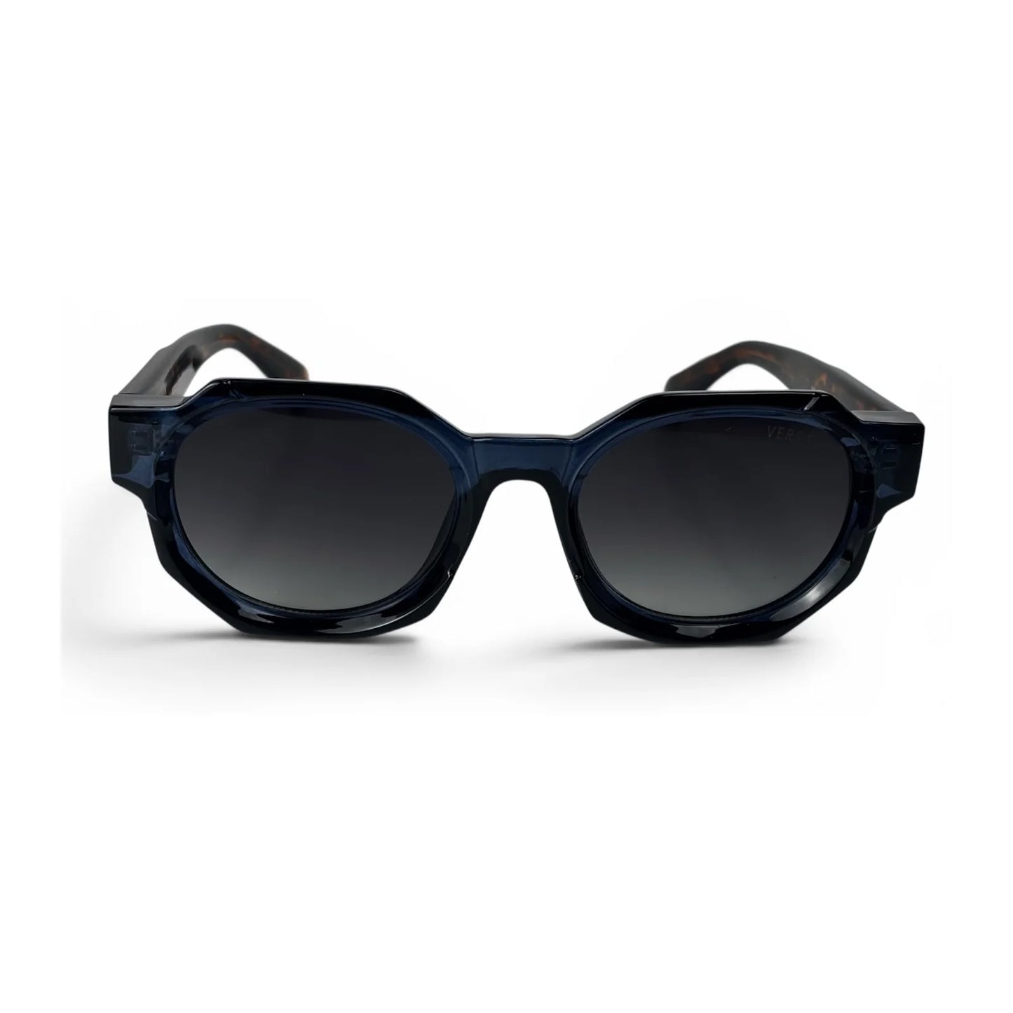 Navy chunky octagon sunglasses with dark gradient lenses, front view