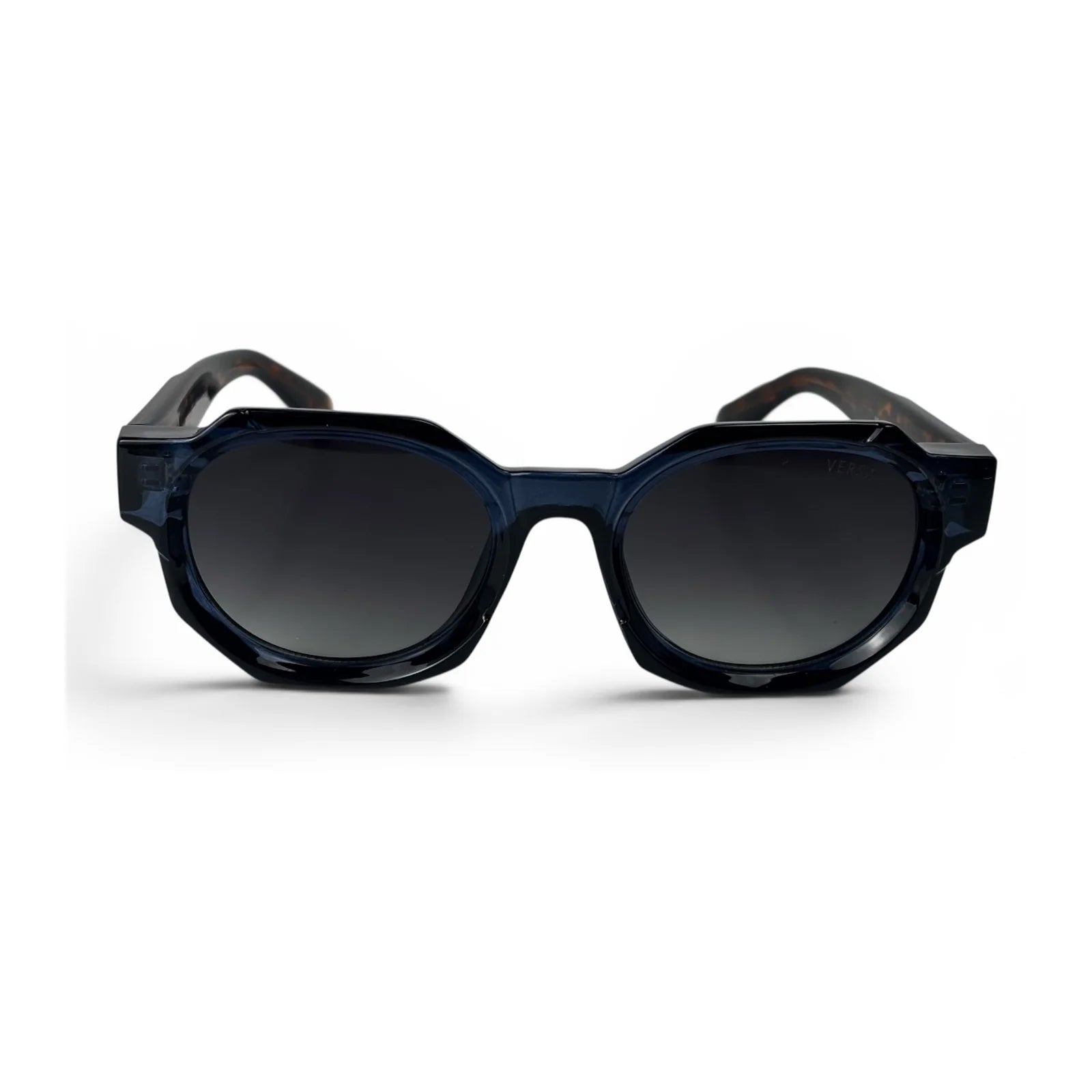 Navy chunky octagon sunglasses with dark gradient lenses, front view