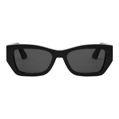 Black sunglasses with dark lenses on a white background