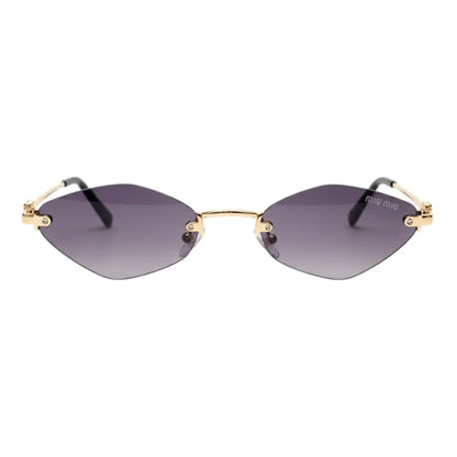 Sunglasses with gold frame and dark lenses on a white background