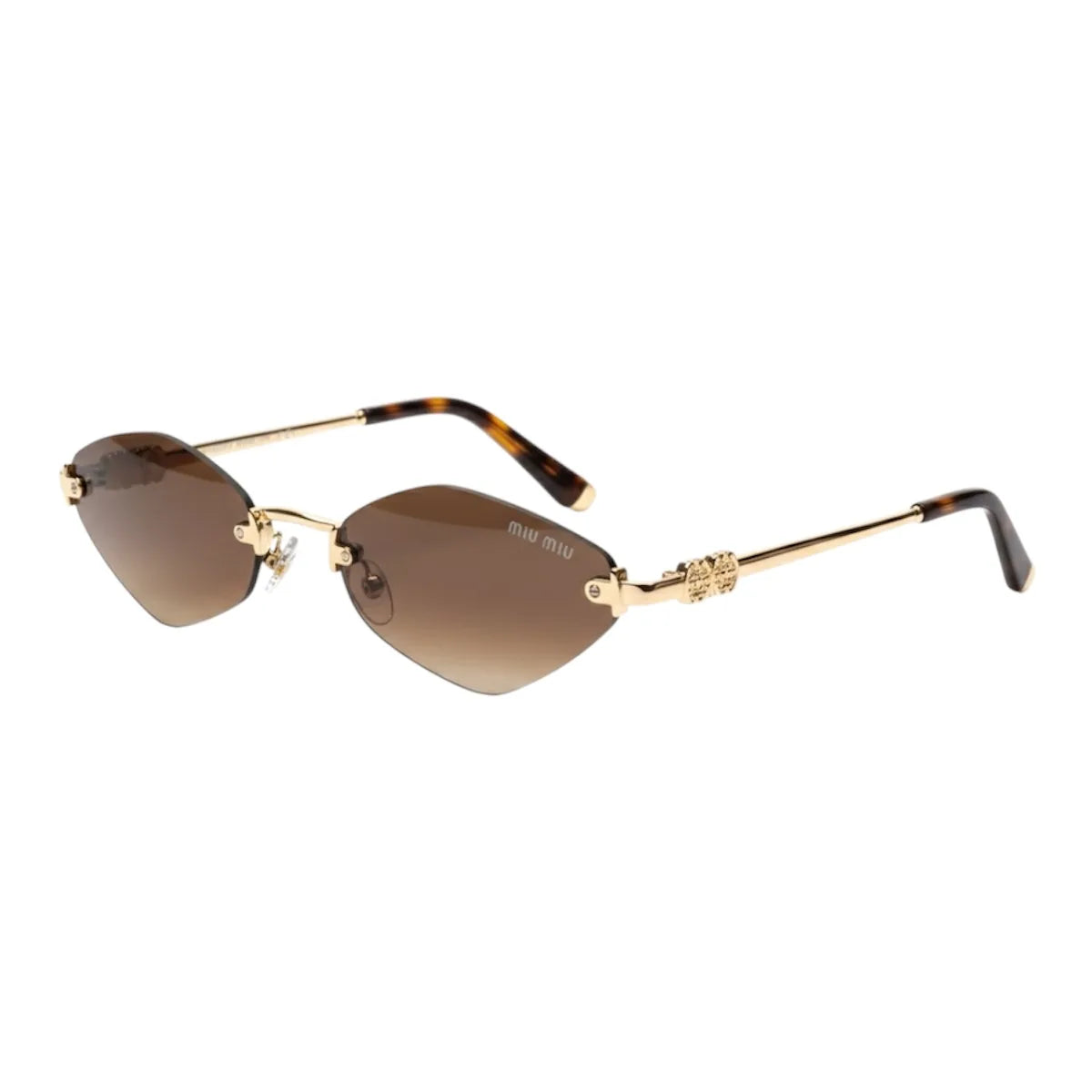 Sunglasses with gold frame and brown gradient lenses on a white background