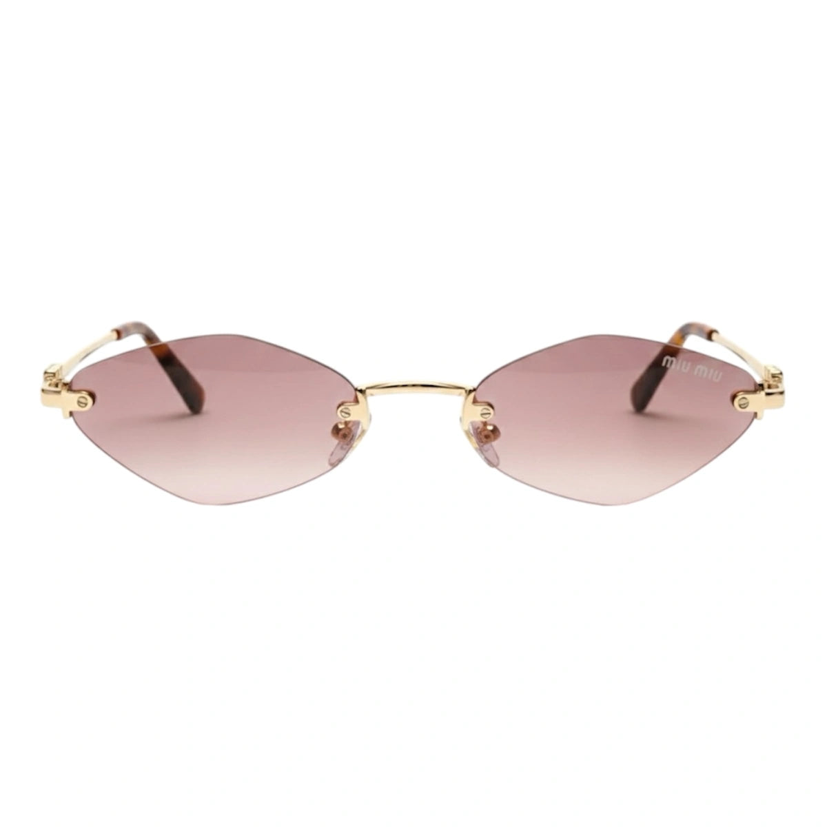 Sunglasses with gold frame and pink lenses on a white background
