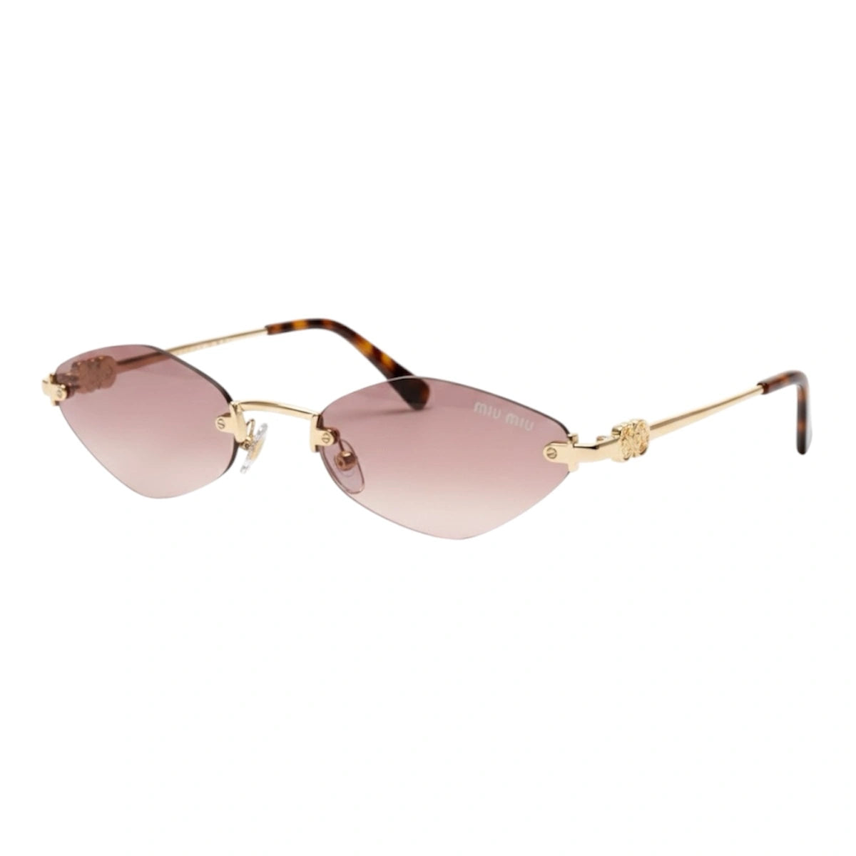 Gold-framed sunglasses with pink gradient lenses on a white background
