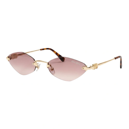 Gold-framed sunglasses with pink gradient lenses on a white background