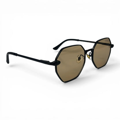 The Facet geometric rimless sunglasses in black and gold with champagne lenses, angled view