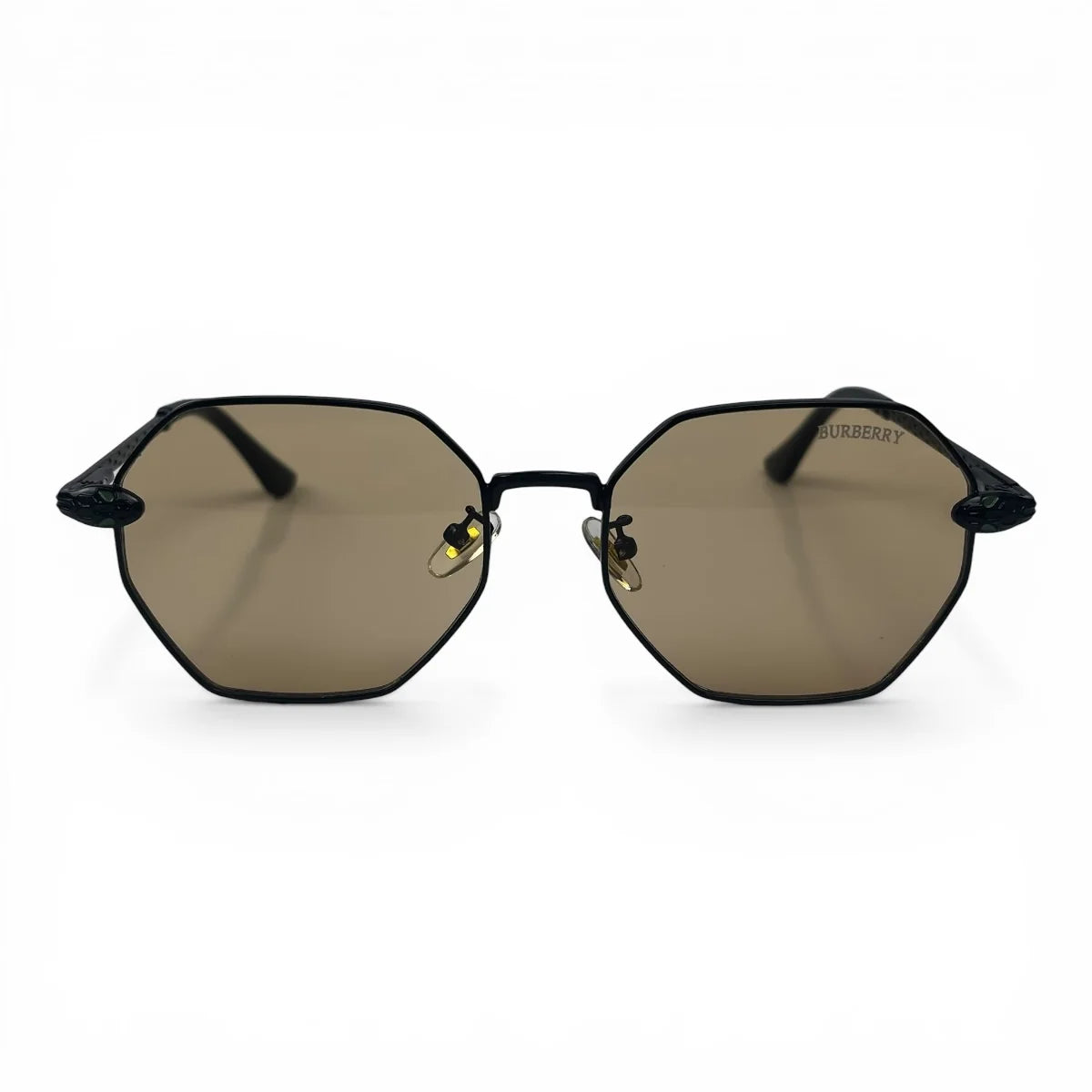 The Facet geometric rimless sunglasses in black and gold with champagne lenses, front view