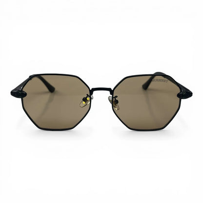 The Facet geometric rimless sunglasses in black and gold with champagne lenses, front view