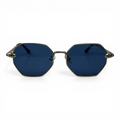 The Facet geometric rimless sunglasses in gold and black with blue lenses, front view