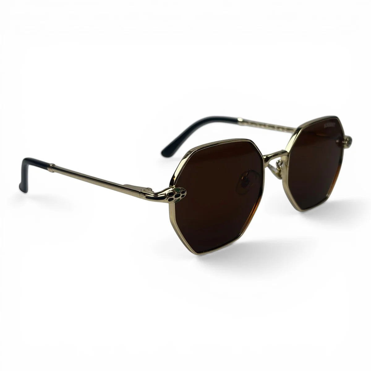 The Facet geometric rimless sunglasses in gold and black with brown lenses, angled view