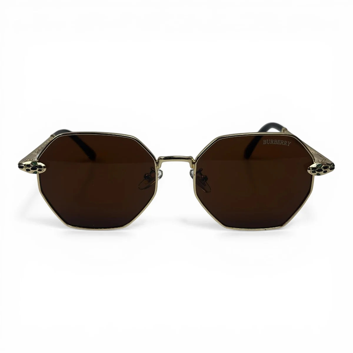 The Facet geometric rimless sunglasses in gold and black with brown lenses, front view