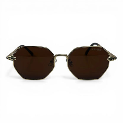 The Facet geometric rimless sunglasses in gold and black with brown lenses, front view
