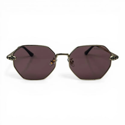 The Facet geometric rimless sunglasses in gold and black with rose lenses, front view