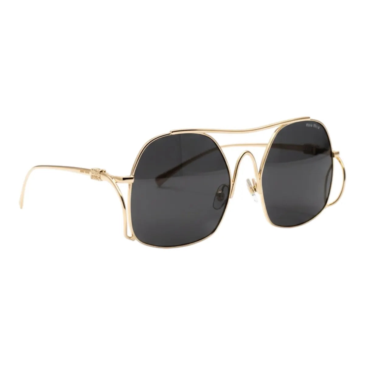 Gold-framed sunglasses with black lenses on a white background