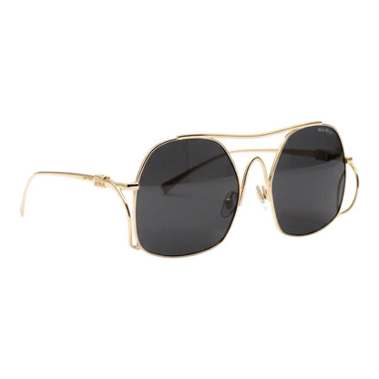 Gold-framed sunglasses with black lenses on a white background