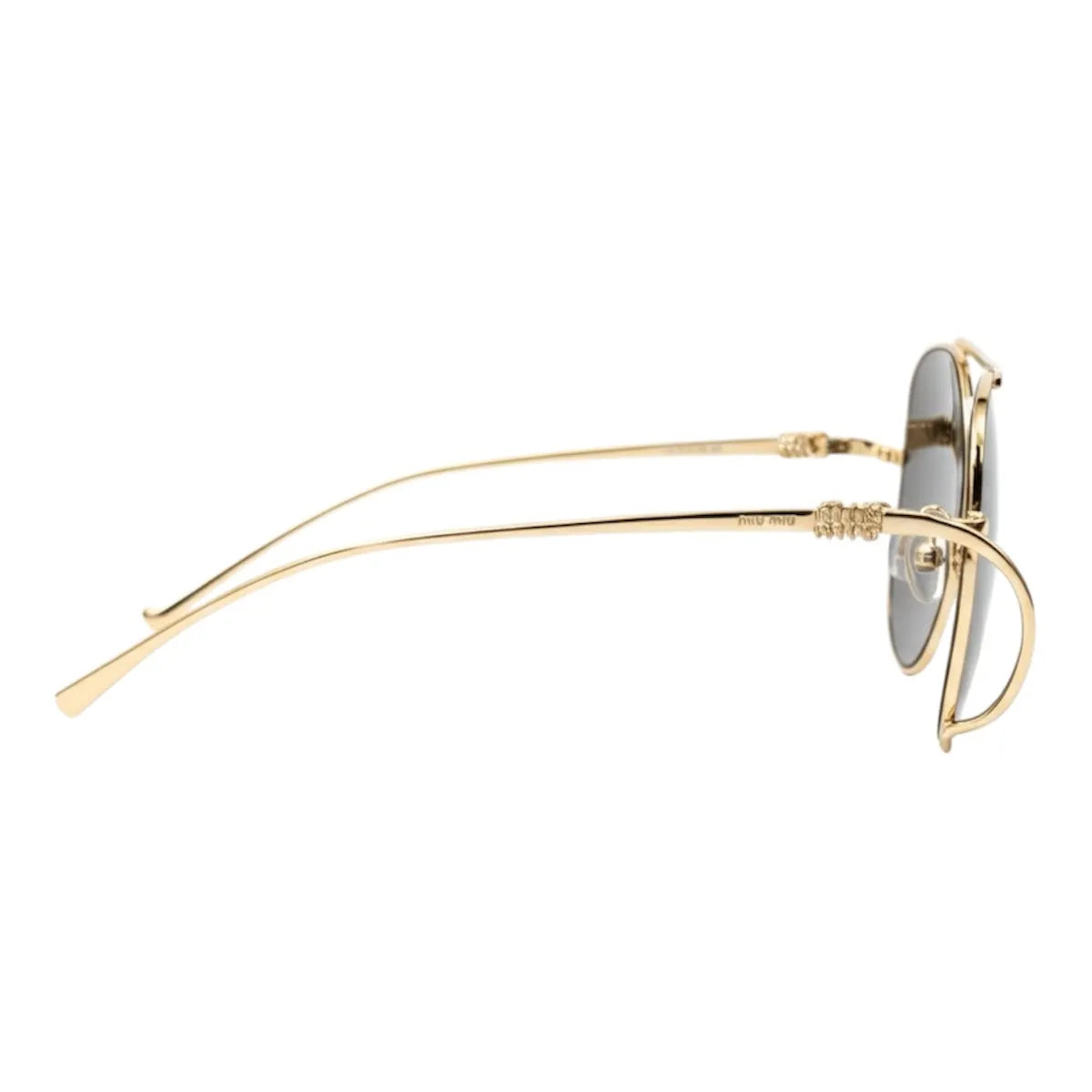 Gold-framed sunglasses with reflective lenses on a white background