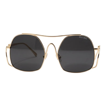 Gold-framed sunglasses with black lenses on a white background