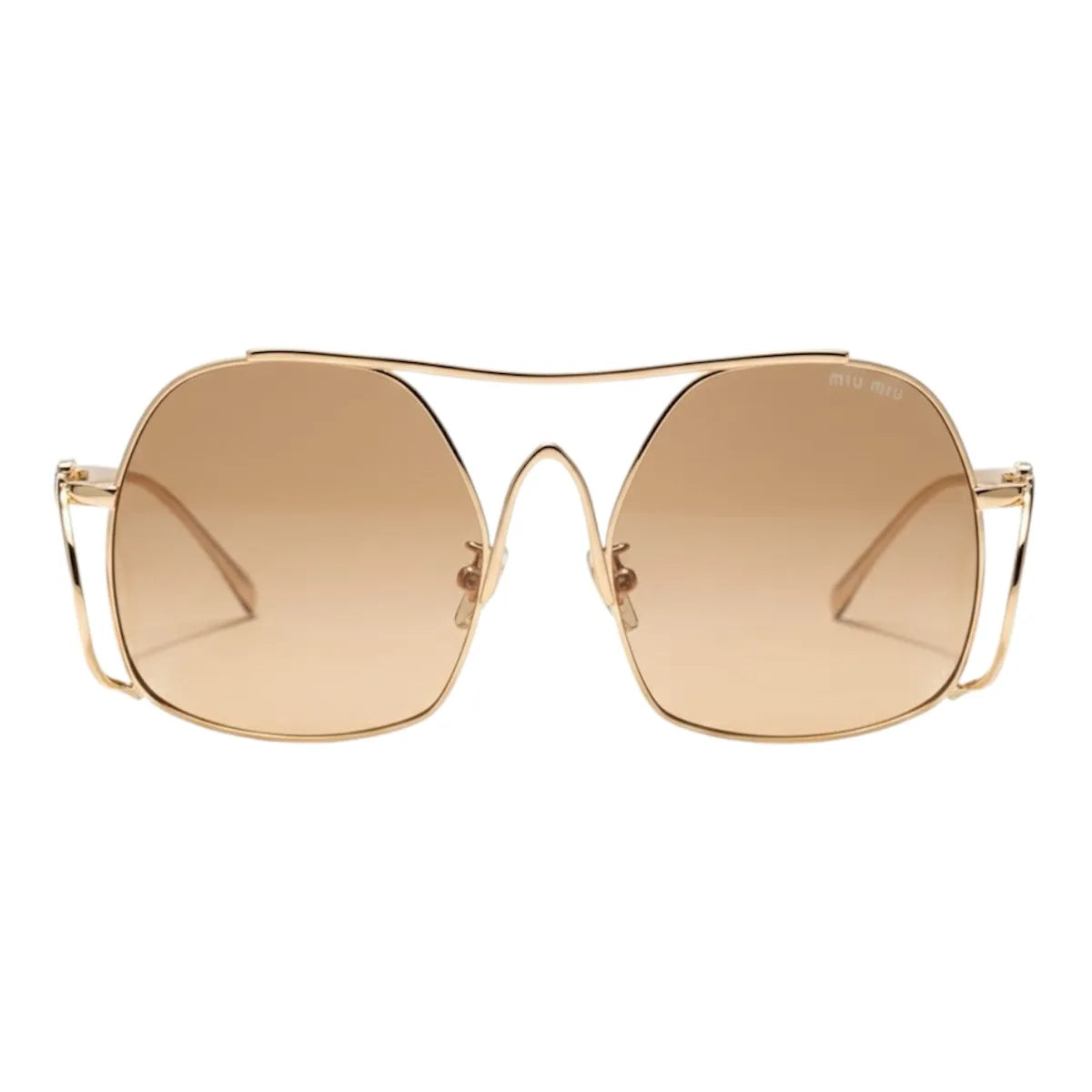 Gold-framed sunglasses with brown lenses on a white background