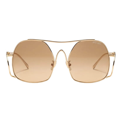 Gold-framed sunglasses with brown lenses on a white background