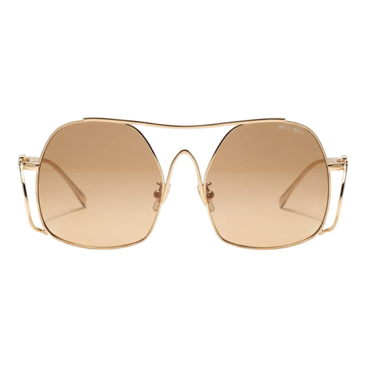 Gold-framed sunglasses with brown lenses on a white background