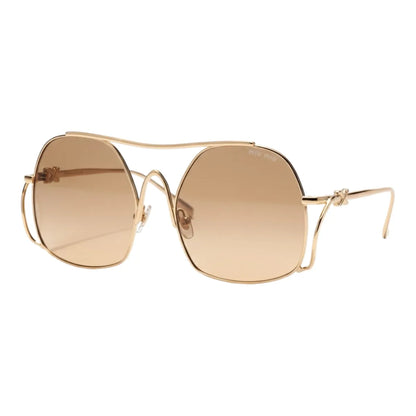 Gold-framed sunglasses with brown lenses on a white background
