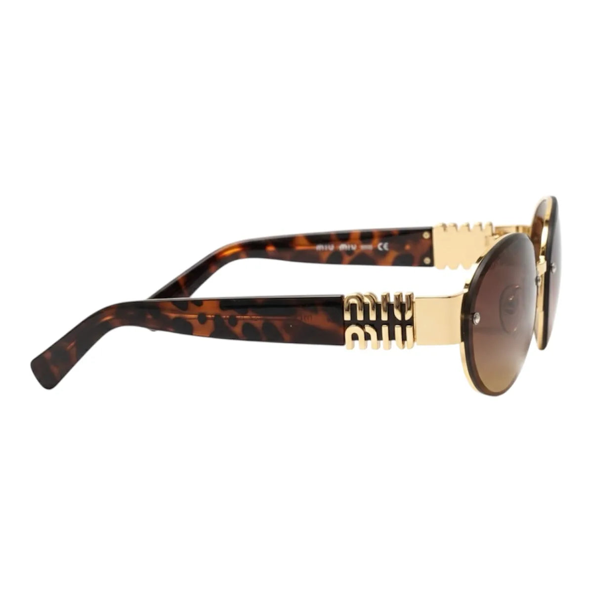 Sunglasses with tortoiseshell frame and gold accents on a white background