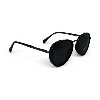 The Lumen round sunglasses in black with black lenses, angled three-quarter view