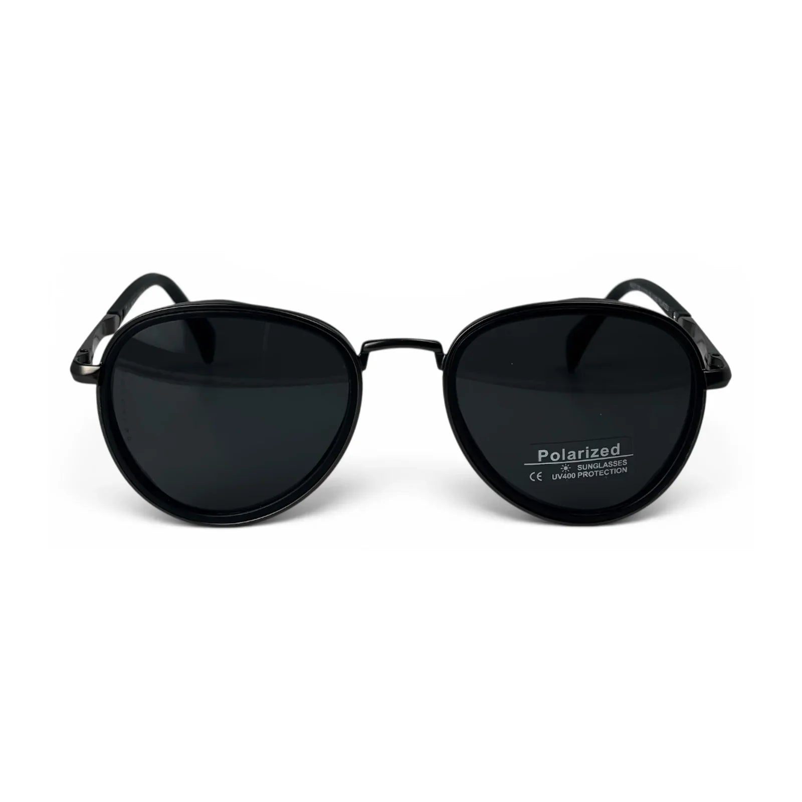 The Lumen round sunglasses in black with black lenses, straight front view