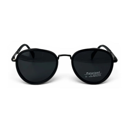The Lumen round sunglasses in black with black lenses, straight front view