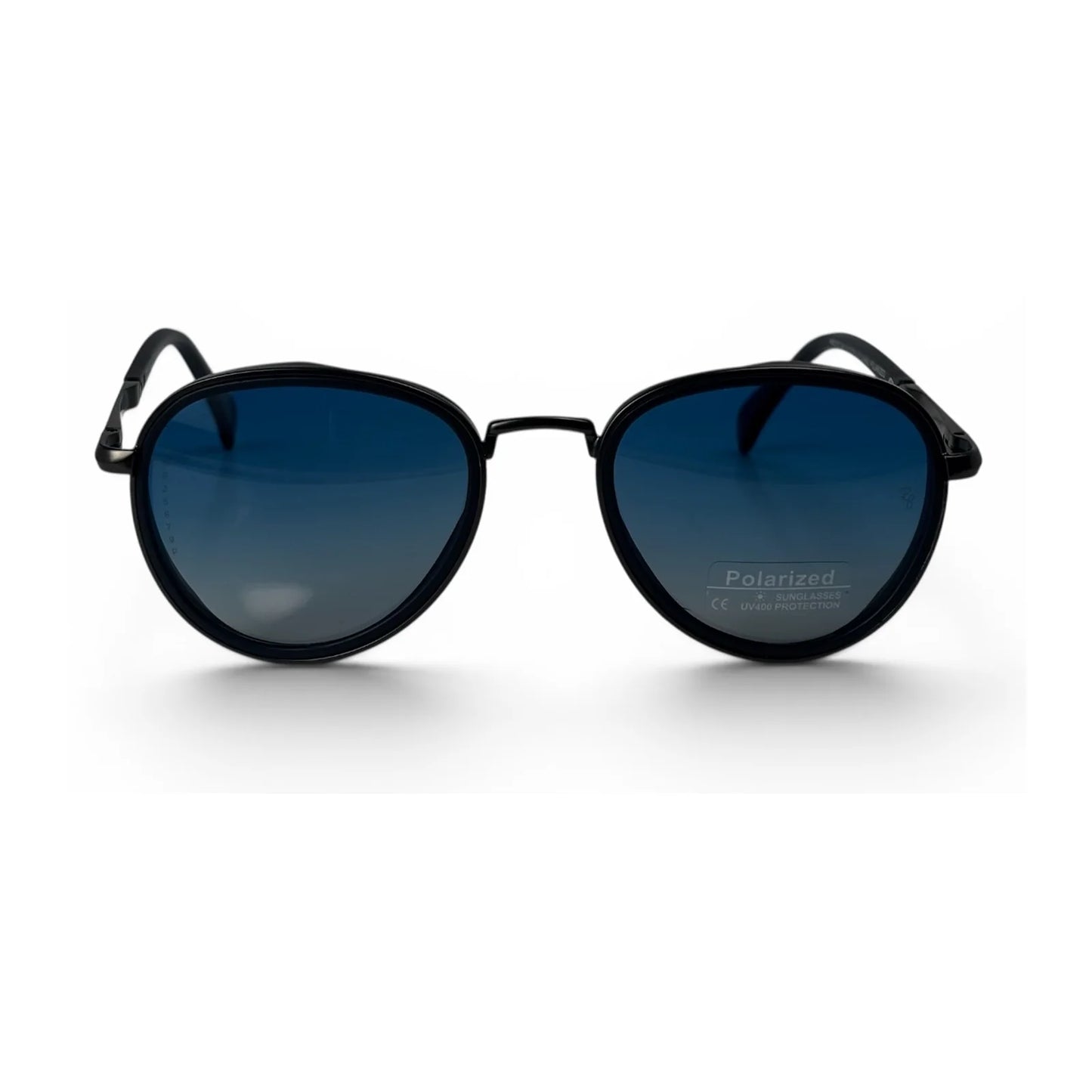 The Lumen round sunglasses in black with blue lenses, straight front view