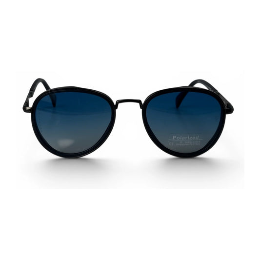 The Lumen round sunglasses in black with blue lenses, straight front view