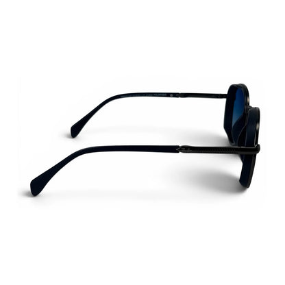 The Lumen round sunglasses in black with blue lenses, side profile view