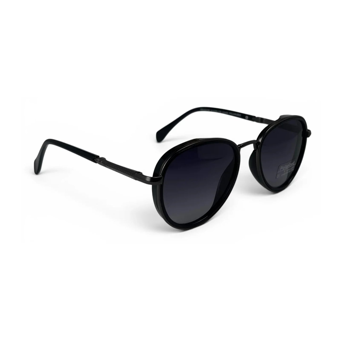 The Lumen round sunglasses in black with purple lenses, angled three-quarter view