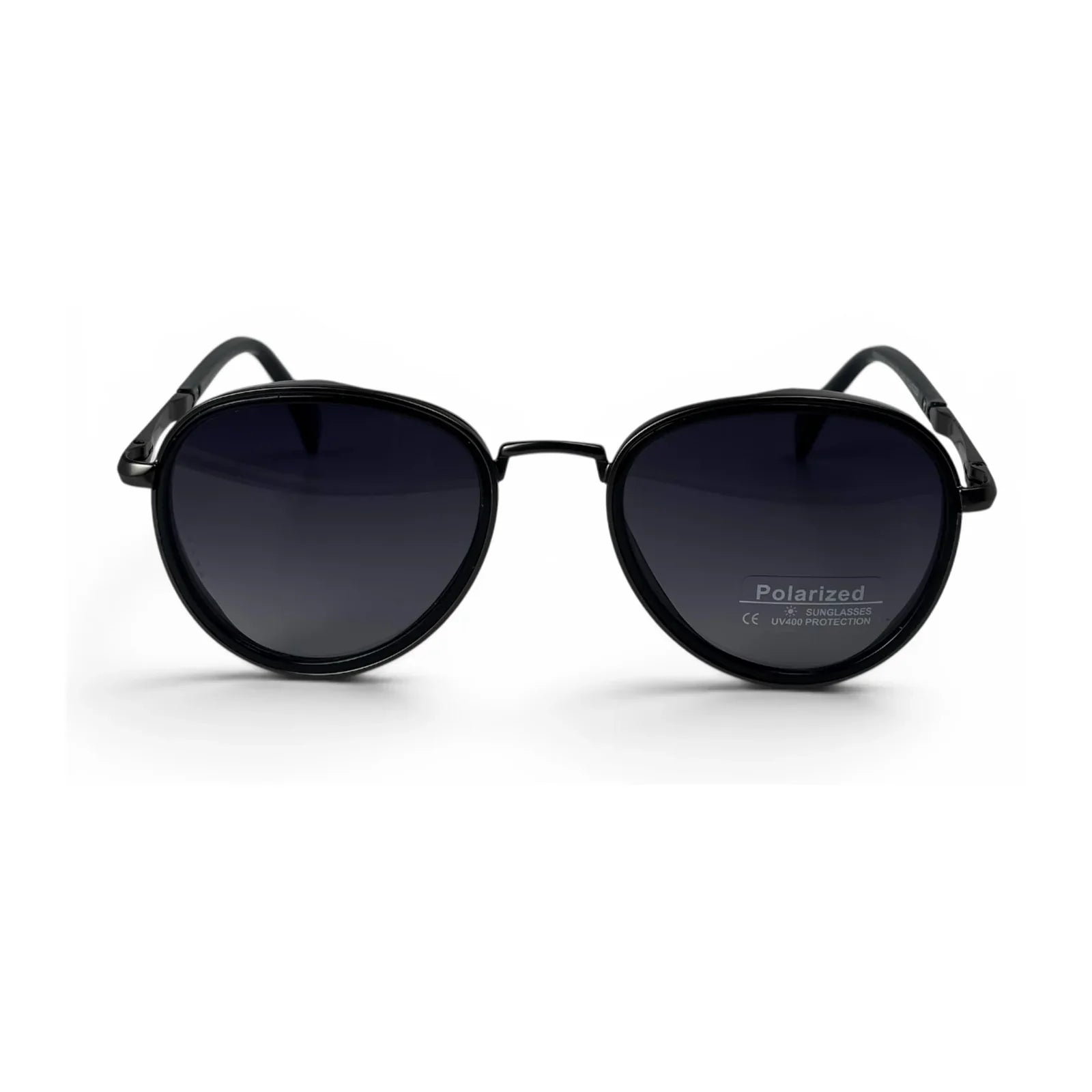 The Lumen round sunglasses in black with purple lenses, straight front view