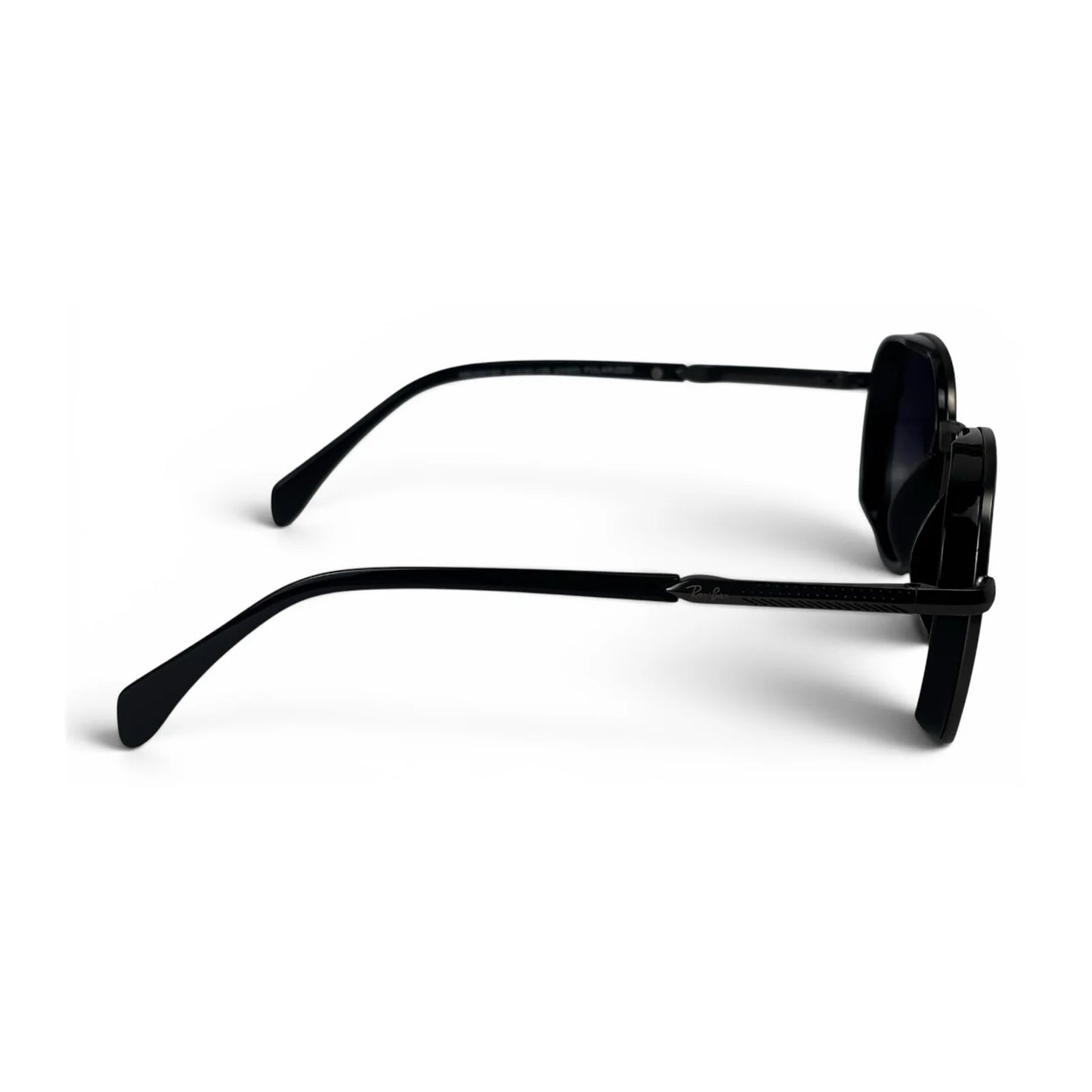 The Lumen round sunglasses in black with purple lenses, side profile view
