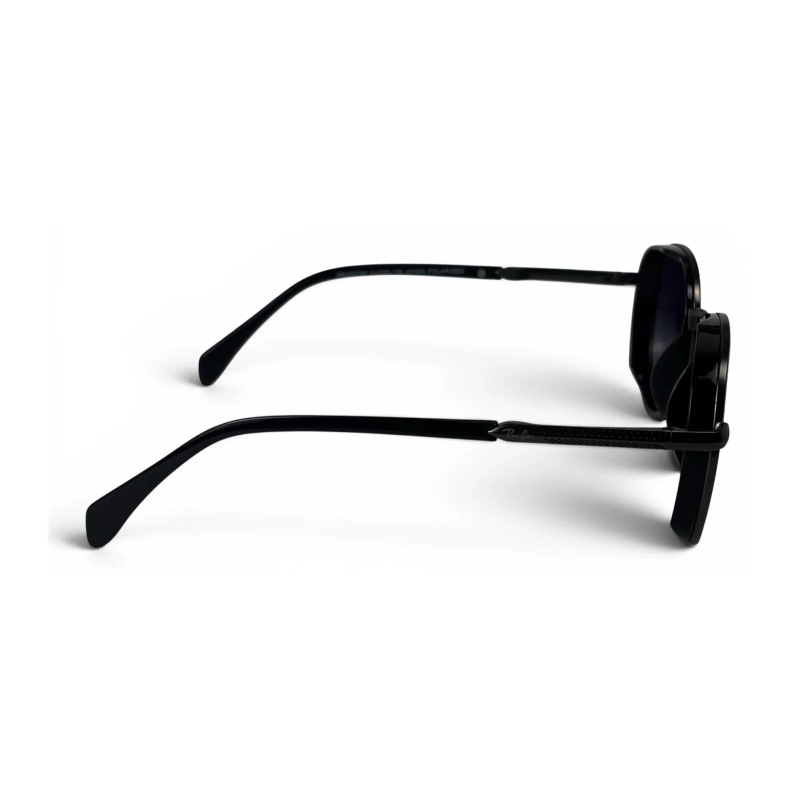 The Lumen round sunglasses in black with purple lenses, side profile view