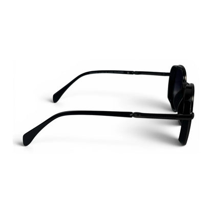 The Lumen round sunglasses in black with purple lenses, side profile view