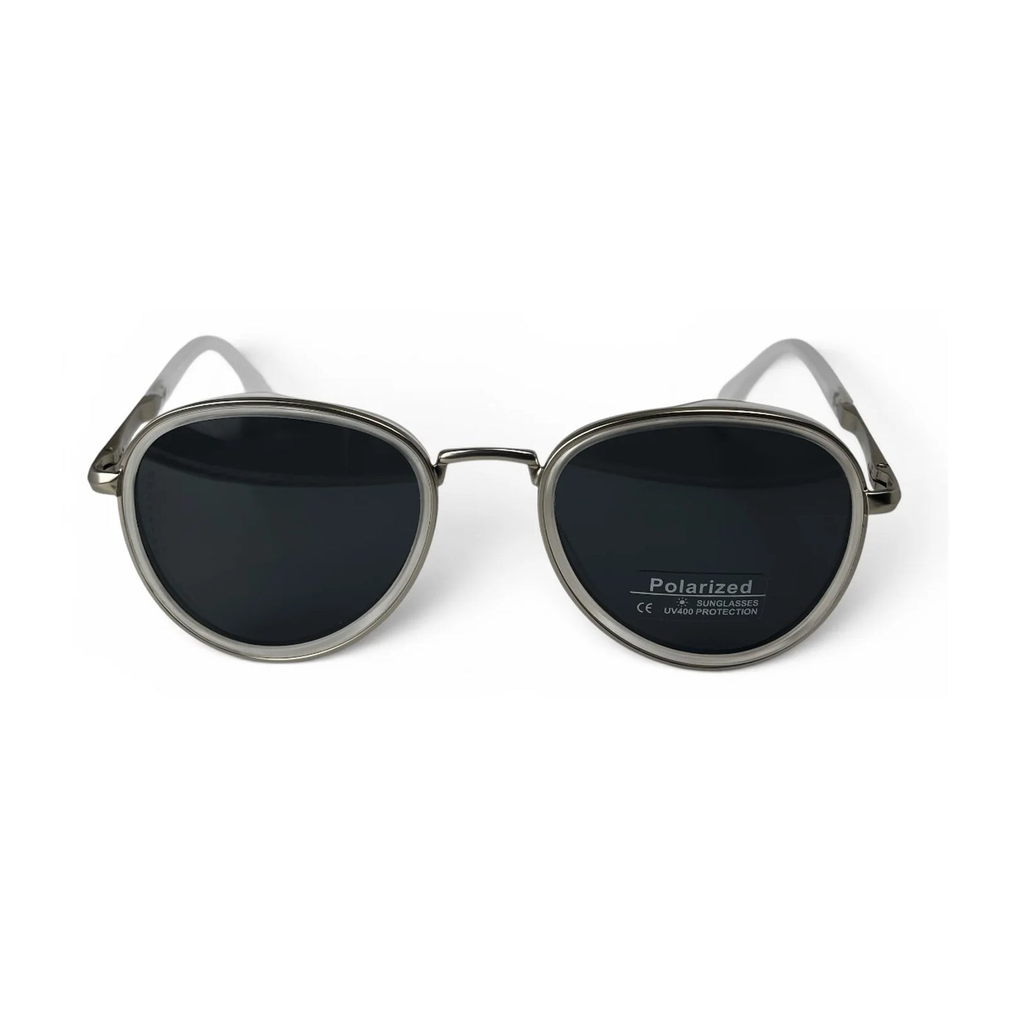 The Lumen round sunglasses in clear with black lenses, straight front view