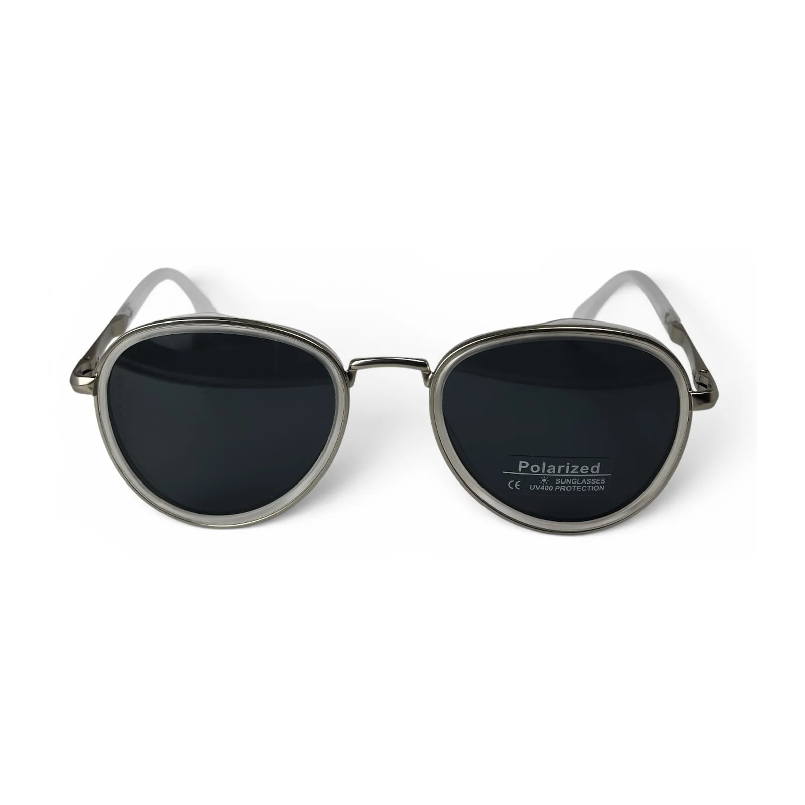 The Lumen round sunglasses in clear with black lenses, straight front view