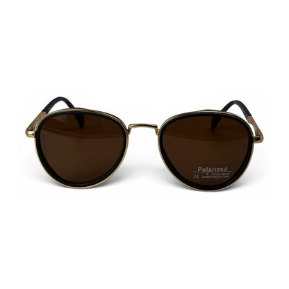 The Lumen round sunglasses in gold with brown lenses, straight front view