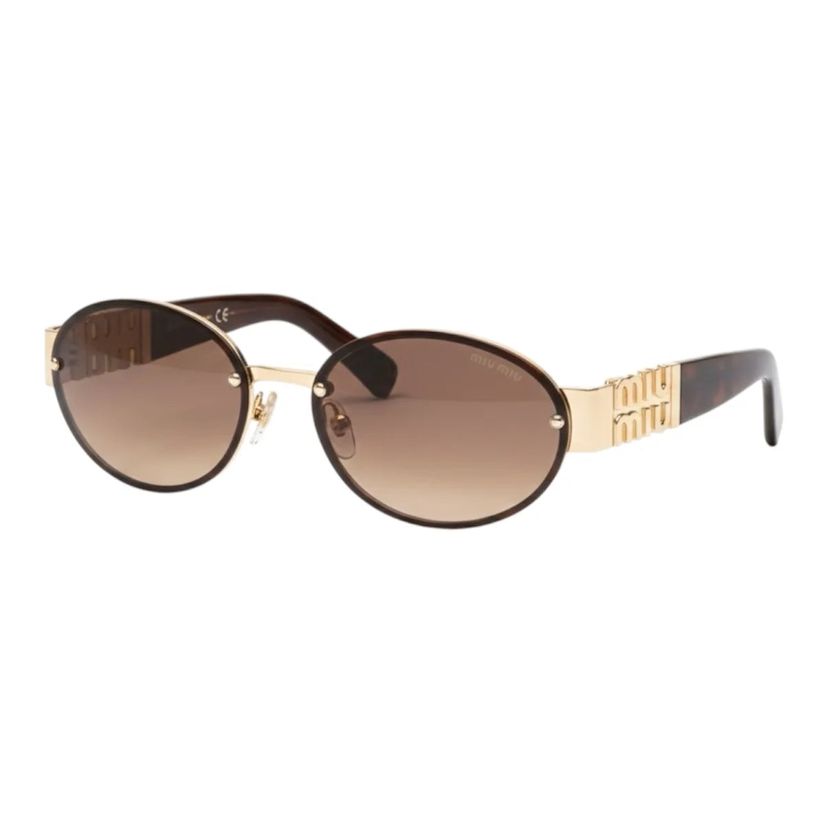 Sunglasses with gold frame and brown gradient lenses on a white background